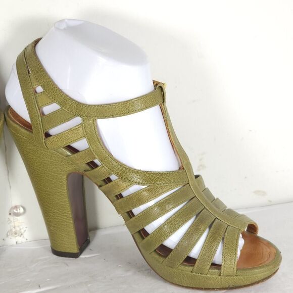 CHIE MIHARA Women's US7-7,5 EU38 Oliv Green Leather Caged Heels Strappy Sandals - Picture 8 of 16